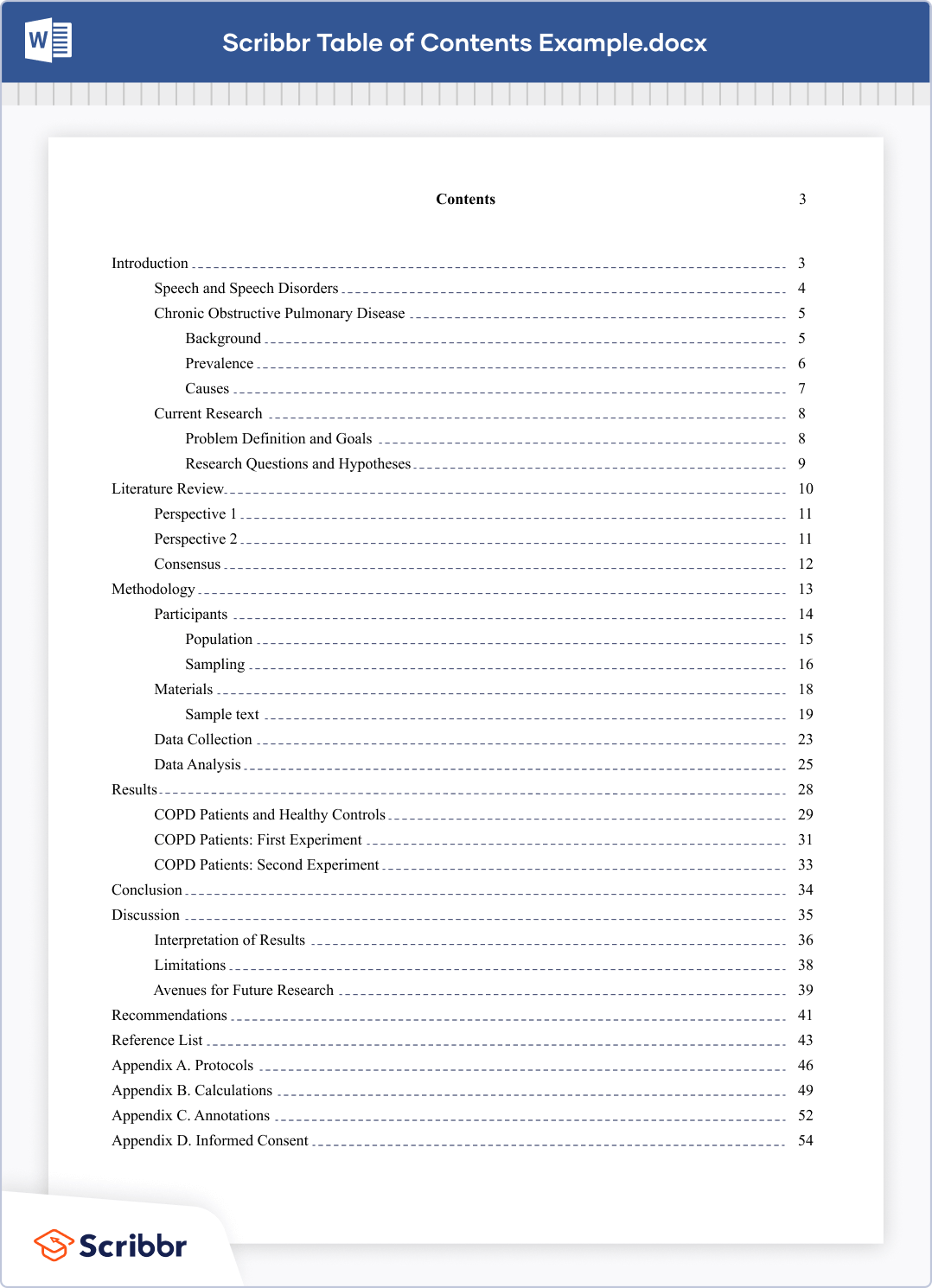 sample table of contents for a research paper